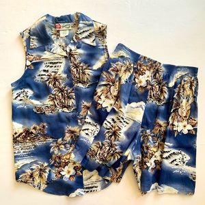 Hilo Hattie Top Shorts Set Womens Small Hawaiian Blue Tropical Sleeveless Beach